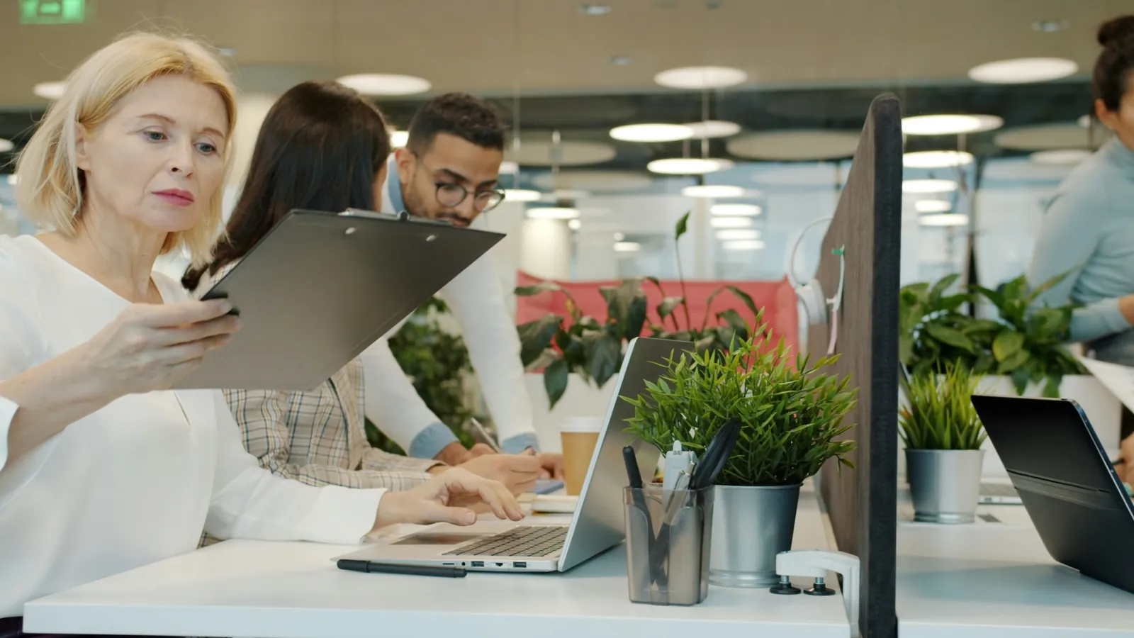 A small business team reviewing documents in their office